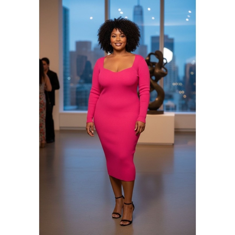Jolie & Joy Hot Pink Ribbed Knit Sweetheart Midi Dress Long Sleeve Large
